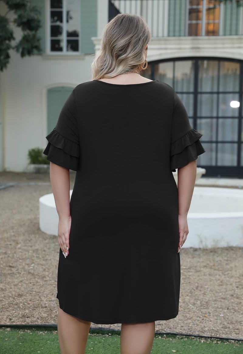 Nemidor Plus Size Casual Dresses for Curvy Women Summer Ruffle Sleeve T-Shirt Swing Mini Dress with Pocket 14-26(179,20,Black) - Image 2